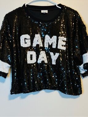Le Lis Black Sequin GAME DAY Cropped Pullover with White Lettering